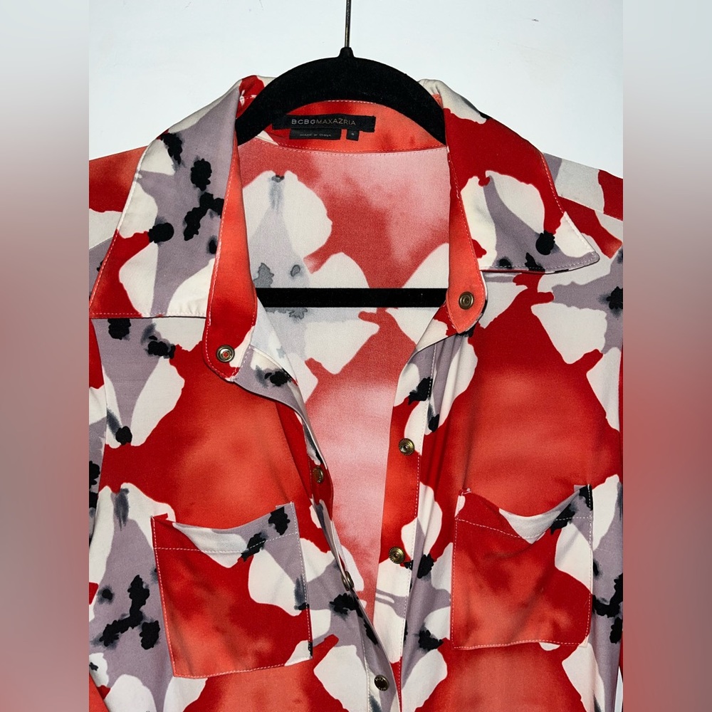 Bcbg maxAzria silk floral metal snap button down midi dress